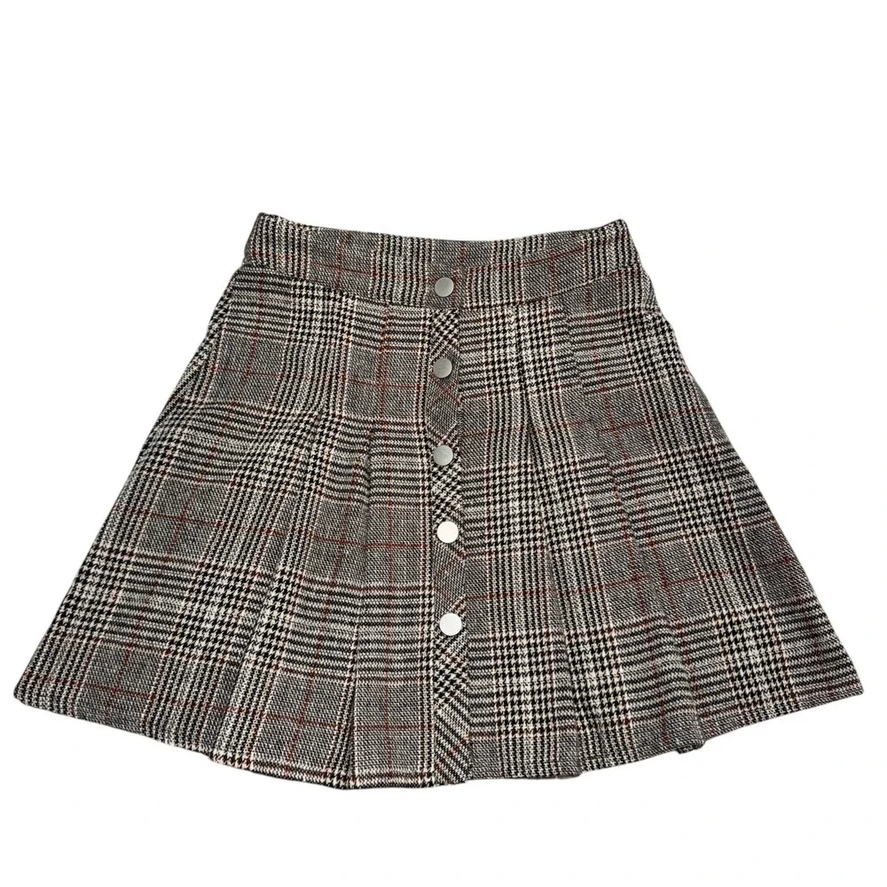 New XS Plaid Thick Knit Pleated Mini Skirt Button Front Glen Check Brown Grey - Picture 2 of 4